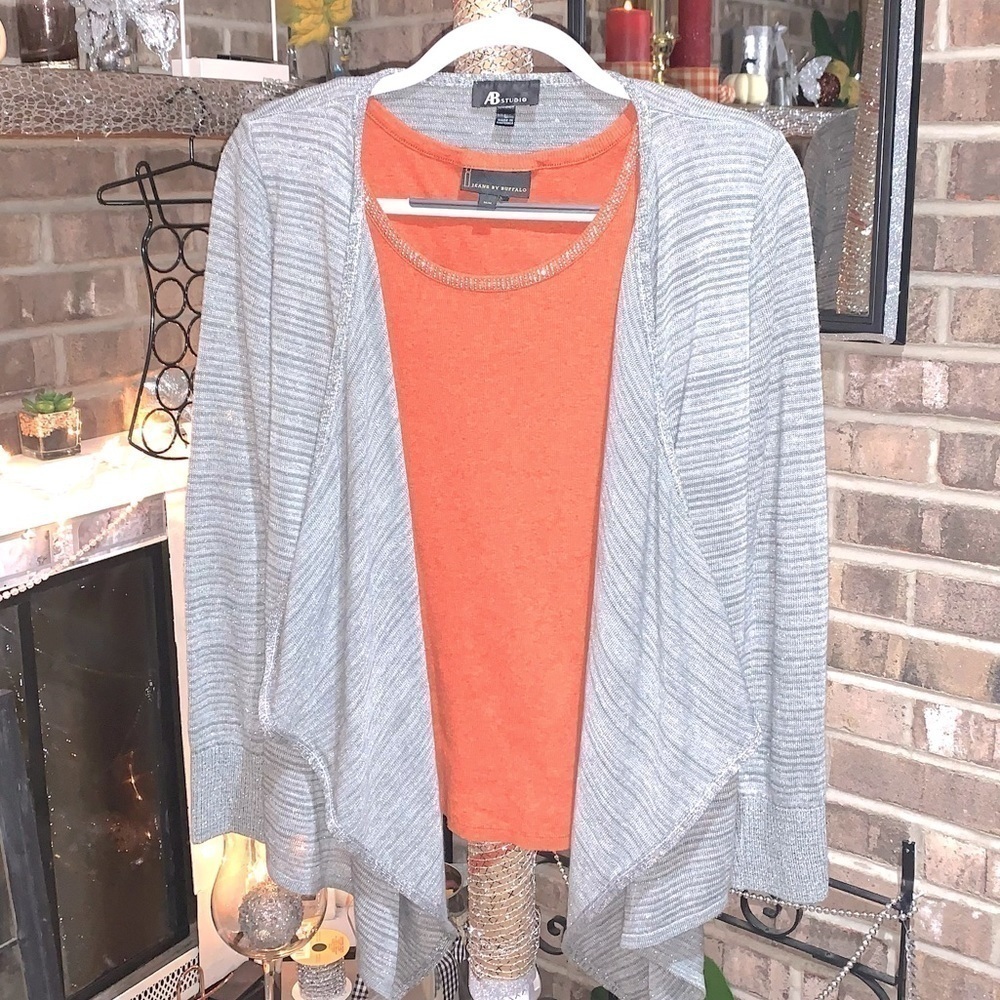 AB Studio shimmery Cardigan and Buffalo orange tank top with bling outline M/L